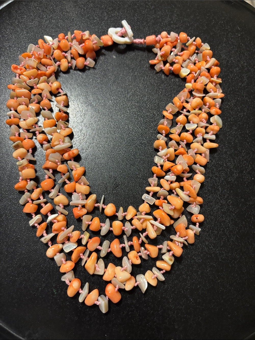 Vintage Multi-Strand Coral And Shell Chip Necklace in Orange, Peach, Cream